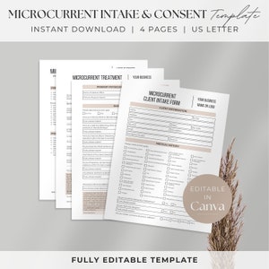 May include: A printable microcurrent client intake form template in a beige and brown color scheme. The form includes sections for client information, medical history, and consent. The text "Editable in Canva" is displayed in the bottom right corner.