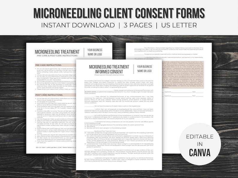 May include: Editable Microneedling Client Consent Forms in Canva. Three pages of printable forms for pre-care and post-care instructions, and an informed consent form.  The forms are designed for a business to use with clients.