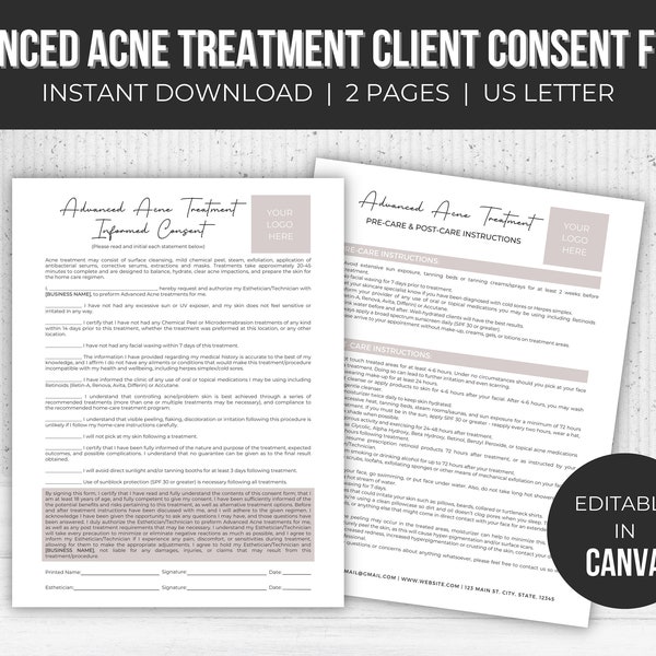 Editable Advanced Acne Treatment Forms | Facial and Chemical Peel | Esthetician Template | Esthetician Business | Instant Download