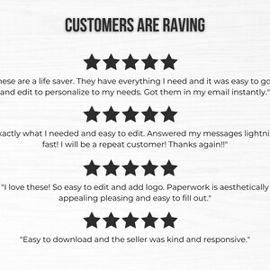 May include: A screenshot of customer reviews for a digital product. The reviews are all positive and include five-star ratings. The text of the reviews highlights the ease of use, personalization, and responsiveness of the seller.