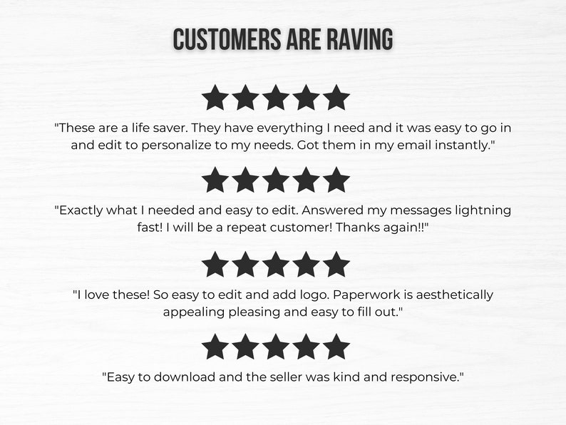 May include: A screenshot of customer reviews for a digital product. The reviews are all positive and include five-star ratings. The text of the reviews highlights the ease of use, personalization, and responsiveness of the seller.