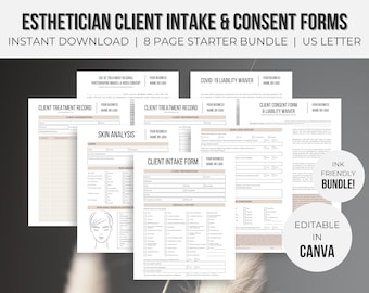 May include: A set of eight printable esthetician client intake and consent forms in a minimalist style with a light brown and white color scheme. The forms are editable in Canva and include a client treatment record, skin analysis, client intake form, COVID-19 liability waiver, and client consent form and liability waiver.