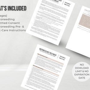 May include: A document titled "Microneedling Treatment" with the text "Pre-Care Instructions" and "Post-Care Instructions" in black text. The document also includes the text "Your Business Name or Logo".