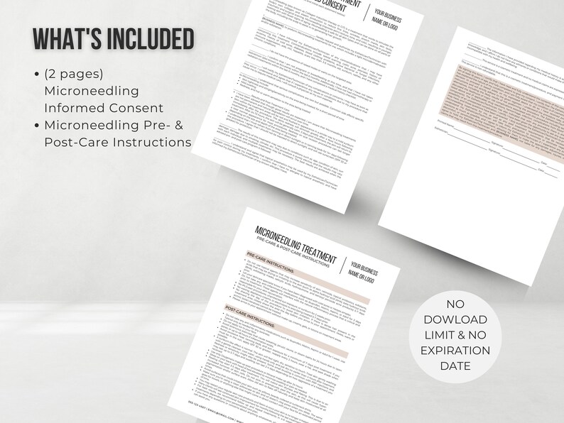 May include: A document titled "Microneedling Treatment" with the text "Pre-Care Instructions" and "Post-Care Instructions" in black text. The document also includes the text "Your Business Name or Logo".