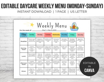 Home Daycare Weekly Menu Editable | Preschool Menu | Home School Meal Planner | Daycare Printables | Daycare Template