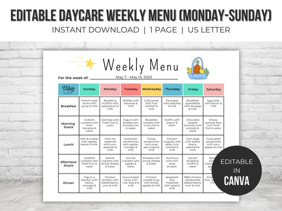 Home Daycare Weekly Menu Editable | Preschool Menu | Home School Meal Planner | Daycare Printables | Daycare Template