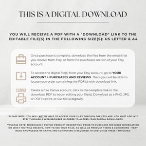 May include: A white and gray digital download instruction sheet with a blue and white Canva logo. The text reads "This is a digital download" and "You will receive a PDF with a "Download" link to the editable file(s) in the following size(s): US Letter & A4".