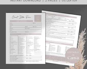 May include: A printable client intake form for estheticians. The form includes sections for client information, medical history, skin care history, and skin concerns. The form is fully editable and can be used in Canva.