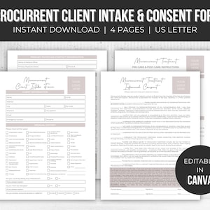 May include: A set of four printable forms for microcurrent treatment, including a client intake form, informed consent, and pre- and post-care instructions. The forms are designed in a minimalist style with a light brown background and editable text fields. The text "Editable in Canva" is displayed in the bottom right corner.