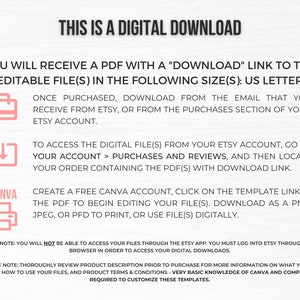 May include: A digital download information graphic with a white background and black text. The graphic explains how to access and edit digital files purchased from Etsy. The graphic includes icons for Etsy, Canva, and a PDF file. The text includes the phrase "This is a digital download".