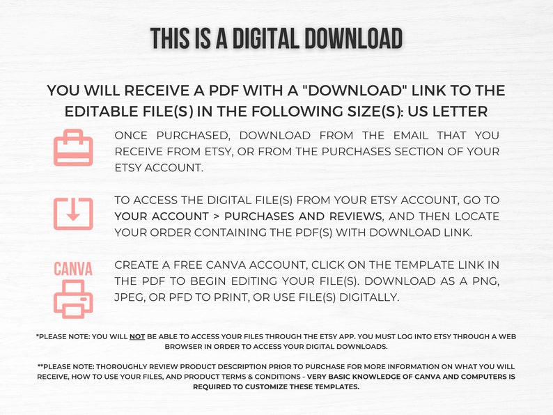 May include: A digital download information graphic with a white background and black text. The graphic explains how to access and edit digital files purchased from Etsy. The graphic includes icons for Etsy, Canva, and a PDF file. The text includes the phrase "This is a digital download".
