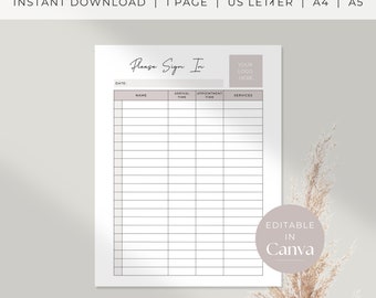 Sign In Sheet Template | Editable Client Sign In | Salon Sign In Sheet | Esthetician Forms | Esthetician Template | Instant Download