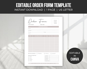 Puede incluir: Plantilla de formulario de pedido editable en un estilo minimalista con un fondo gris claro. El formulario incluye secciones para los detalles del pedido, los datos del cliente, los detalles de entrega y el método de pago. El formulario está diseñado para su uso con Canva.