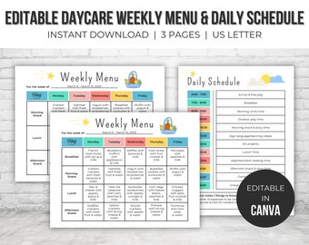 Home Daycare Weekly Menu Editable | Daycare Daily Schedule Template | Preschool Menu | Home School Meal Planner | Daycare Template