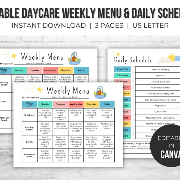 Home Daycare Weekly Menu Editable | Daycare Daily Schedule Template | Preschool Menu | Home School Meal Planner | Daycare Template