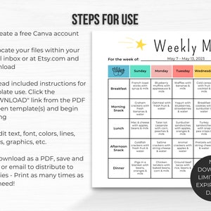 May include: A printable weekly menu planner template with a colorful design. The template includes a section for breakfast, morning snack, lunch, afternoon snack, and dinner. The template also includes a section for the week of and a section for the date. The template is designed to help families plan their meals for the week.