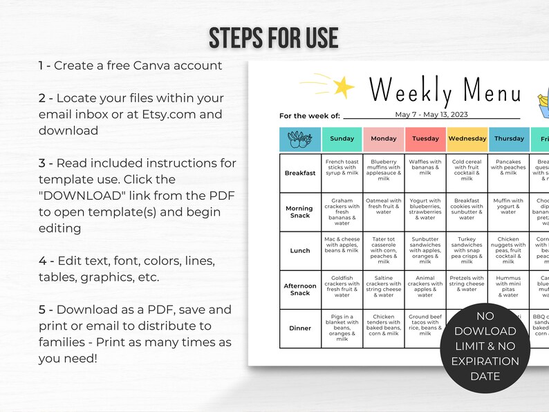 May include: A printable weekly menu planner template with a colorful design. The template includes a section for breakfast, morning snack, lunch, afternoon snack, and dinner. The template also includes a section for the week of and a section for the date. The template is designed to help families plan their meals for the week.