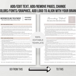 May include: A printable template for a microneedling treatment pre-care and post-care instruction sheet. The template is 100% editable and includes a before and after image of the treatment. The text on the template includes instructions for pre-care and post-care, as well as contact information for the business.