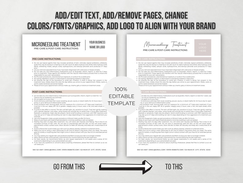 May include: A printable template for a microneedling treatment pre-care and post-care instruction sheet. The template is 100% editable and includes a before and after image of the treatment. The text on the template includes instructions for pre-care and post-care, as well as contact information for the business.