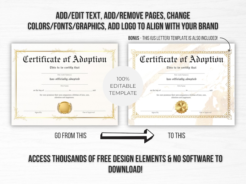 May include: A digital template for a certificate of adoption. The template is editable and includes a gold seal. The text on the certificate reads "Certificate of Adoption".