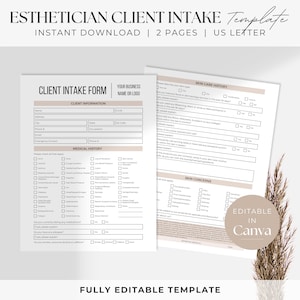 May include: A printable client intake form for estheticians. The form includes sections for client information, medical history, skin care history, and skin concerns. The form is fully editable and can be used in Canva.