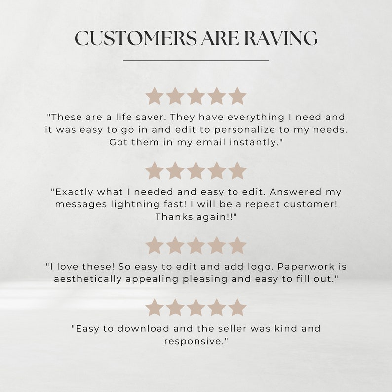 May include: Customer reviews for a digital product. The reviews are positive and highlight the ease of use, personalization, and fast customer service. The reviews are accompanied by five-star ratings.
