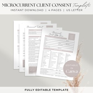May include: A printable microcurrent client intake form template in a light gray and white color scheme. The template includes sections for client information, medical history, and consent. The text "Editable in Canva" is in the bottom right corner of the page.