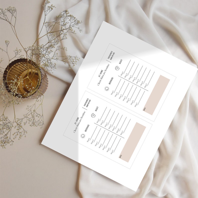 May include: A printable checklist for creating a skincare routine. The checklist is divided into three sections: morning, afternoon, and night. Each section has a list of steps to follow, such as cleansing, toning, and moisturizing. The checklist is designed to help people create a consistent skincare routine.