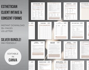 May include: A set of printable forms for estheticians, including client intake forms, consent forms, skin analysis forms, and more. The forms are designed to be used with the Canva design platform and are ink-friendly. The forms are available for instant download and include 35+ pages.