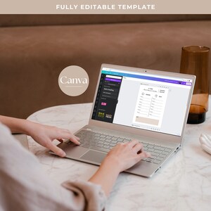 May include: A person using a laptop computer to edit a printable planner template on Canva. The template is a weekly planner with sections for "At Home", "Chores Around the House", "Work", "Meetings", and "Important".