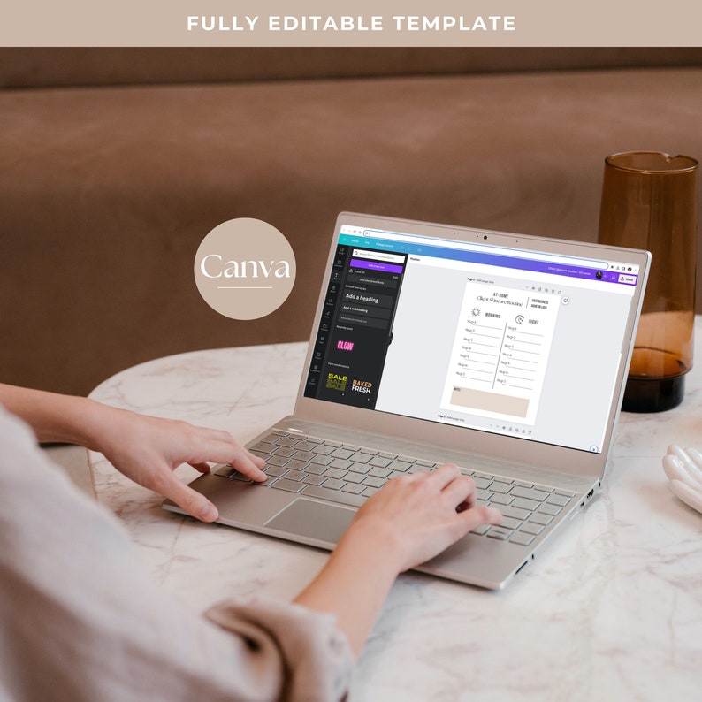 May include: A person using a laptop computer to edit a printable planner template on Canva. The template is a weekly planner with sections for "At Home", "Chores Around the House", "Work", "Meetings", and "Important".