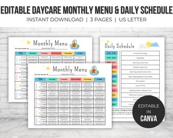 Home Daycare Monthly Menu Editable | Daycare Daily Schedule Template | Preschool Menu | Home School Meal Planner | Daycare Template