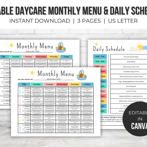 Home Daycare Monthly Menu Editable | Daycare Daily Schedule Template | Preschool Menu | Home School Meal Planner | Daycare Template