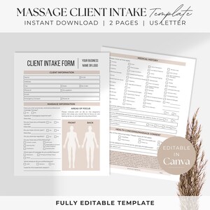 May include: A printable client intake form for massage therapists. The form includes sections for client information, massage information, areas of focus, medical history, health concerns, and massage consent. The form is fully editable and can be customized in Canva.