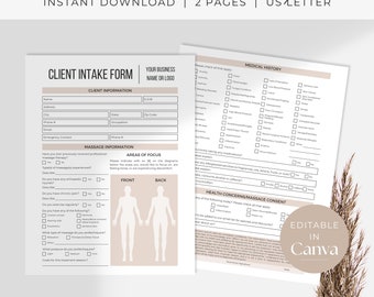 Massage Client Intake und Consent Forms Template | Bearbeitbare Massage Therapeut Formen | Massage Form Vorlage | Massage Geschäftsformulare