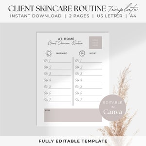 Routine de soins de la peau cliente à domicile | Modèle de guide de routine pour la peau | Modèle modifiable d'esthéticienne | Formulaires d'esthétique | Téléchargement instantané
