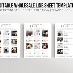 May include: Three pages of a wholesale line sheet template for candles. Each page features a company name, the words "LINE sheet", and a grid of 12 product images with descriptions, prices, and sizes. The images show various candles in glass jars with different scents and colors.