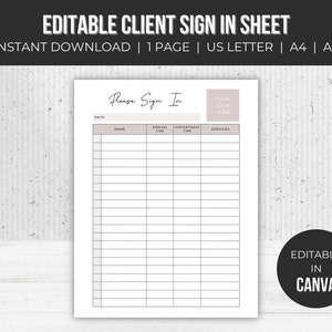 Editable Sign In Sheet | Esthetician Templates | Esthetician Business | Salon Sign In Sheet | Instant Download