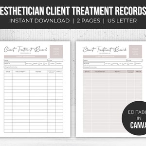 Editable Client Treatment Log | Treatment Record | Esthetician Template | Esthetician Business | Instant Download