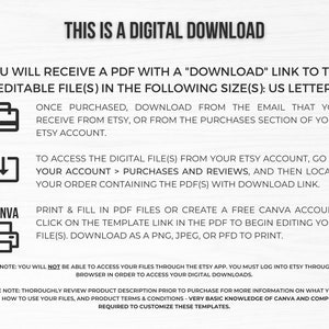 May include: A digital download instruction guide with a white background and black text. The text explains how to download and access the digital files, which are in US Letter size. The guide also includes instructions on how to use the files in Canva.
