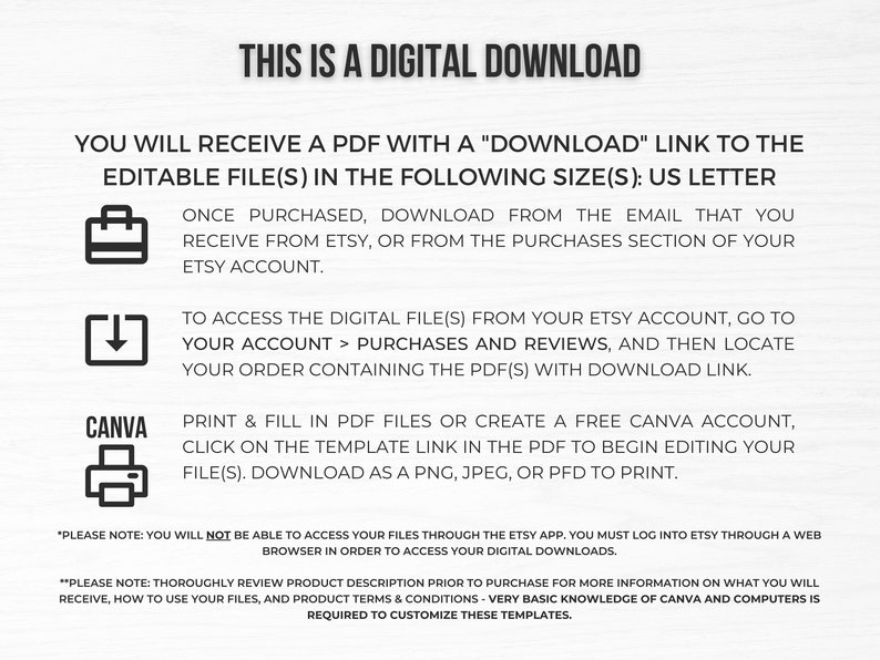 May include: A digital download instruction guide with a white background and black text. The text explains how to download and access the digital files, which are in US Letter size. The guide also includes instructions on how to use the files in Canva.