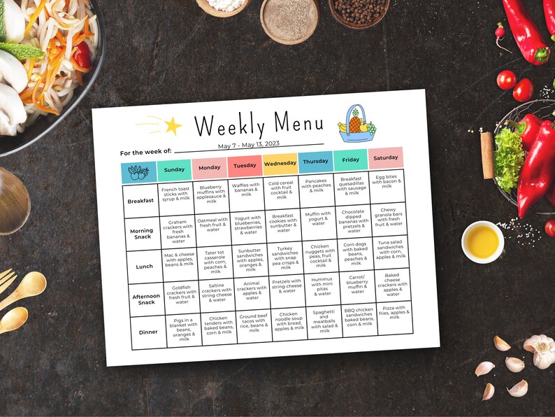 May include: A weekly menu planner with a colorful design. The menu is for the week of May 7th to May 13th, 2023. Each day of the week is listed with a different color, and each meal is listed with a different icon. The menu includes breakfast, morning snack, lunch, afternoon snack, and dinner.