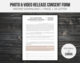 May include: A printable photo and video release consent form template for businesses. The form includes sections for the business name or logo, the subject's name, and their signature. The form is editable in Canva.