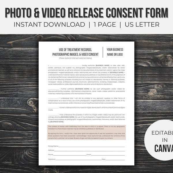 Photo and Video Release Consent Form Editable | Esthetician Forms | Esthetician Business | Photo Release for Social Media | Downloadable