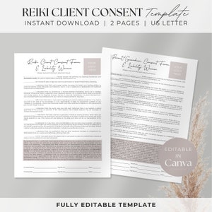 May include: Two printable consent forms for Reiki clients and their parents or guardians. The forms are in a light brown color scheme with a light brown background and white text. The forms include a space for the client's name, signature, and date. The forms also include a space for the practitioner's name, signature, and date. The forms are editable in Canva.