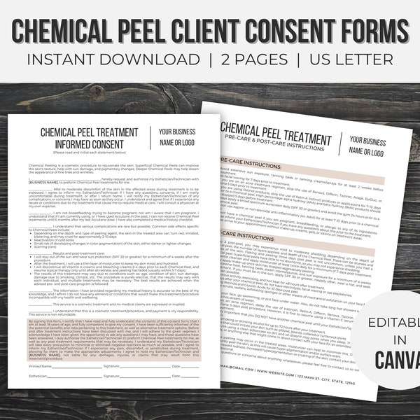 Chemical Peel Client Consent Forms Editable | Esthetician Forms | Esthetician Business | Instant Download