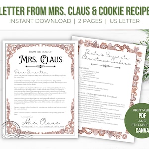 Carta editable de la Sra. Claus / Plantilla de carta de la Sra. Claus / Vintage Sra. Claus / Receta de galletas de Navidad / Descarga instantánea
