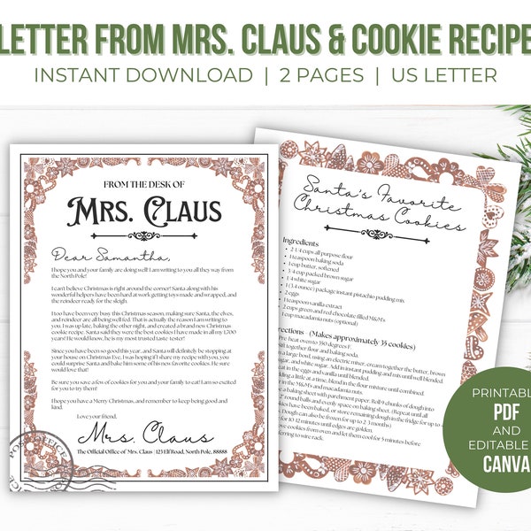 Editable Letter From Mrs Claus | Mrs Claus Letter Template | Vintage Mrs Claus | Christmas Cookie Recipe | Instant Download