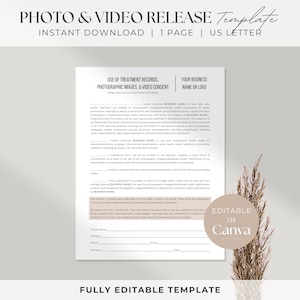 Puede incluir: Plantilla de autorización de foto y video editable en formato carta de EE. UU. La plantilla incluye secciones para el uso de registros de tratamiento, imágenes fotográficas y consentimiento de video. La plantilla es totalmente editable y se puede utilizar para una variedad de propósitos.