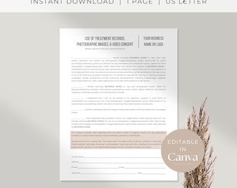 May include: Editable photo and video release template in US letter format. The template includes sections for use of treatment records, photographic images, and video consent. The template is fully editable and can be used for a variety of purposes.
